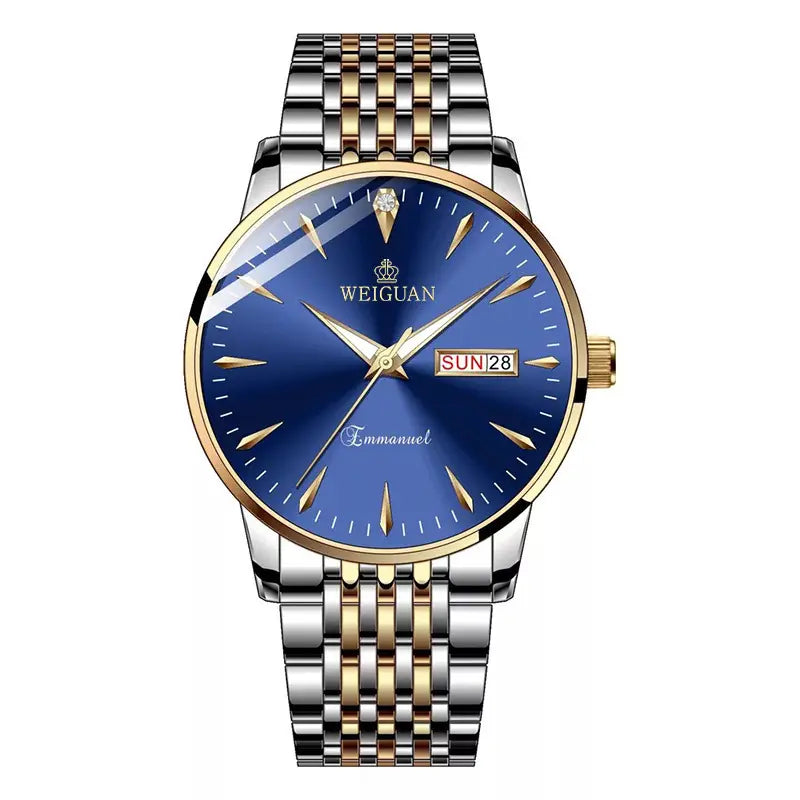 Full automatic fashion mens double calendar luminous waterproof watch steel business non mechanical quartz watch mens hair