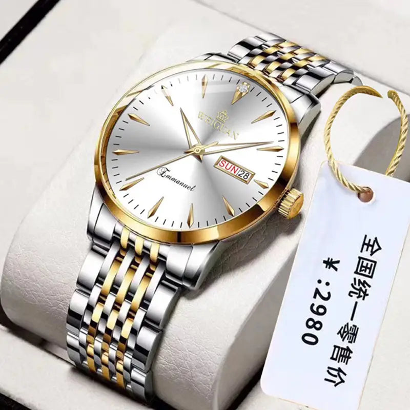 Full automatic fashion mens double calendar luminous waterproof watch steel business non mechanical quartz watch mens hair