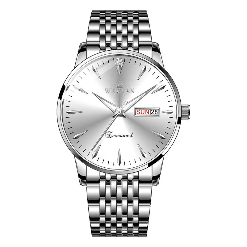 Full automatic fashion mens double calendar luminous waterproof watch steel business non mechanical quartz watch mens hair