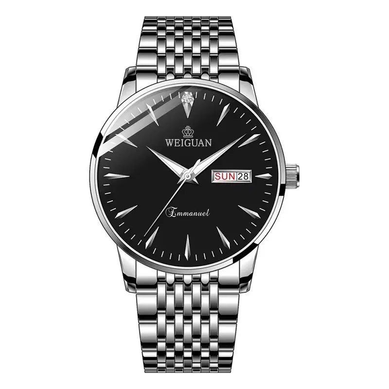 Full automatic fashion mens double calendar luminous waterproof watch steel business non mechanical quartz watch mens hair