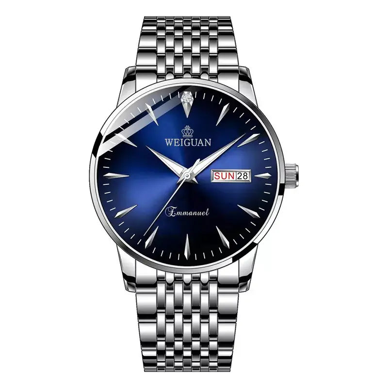 Full automatic fashion mens double calendar luminous waterproof watch steel business non mechanical quartz watch mens hair