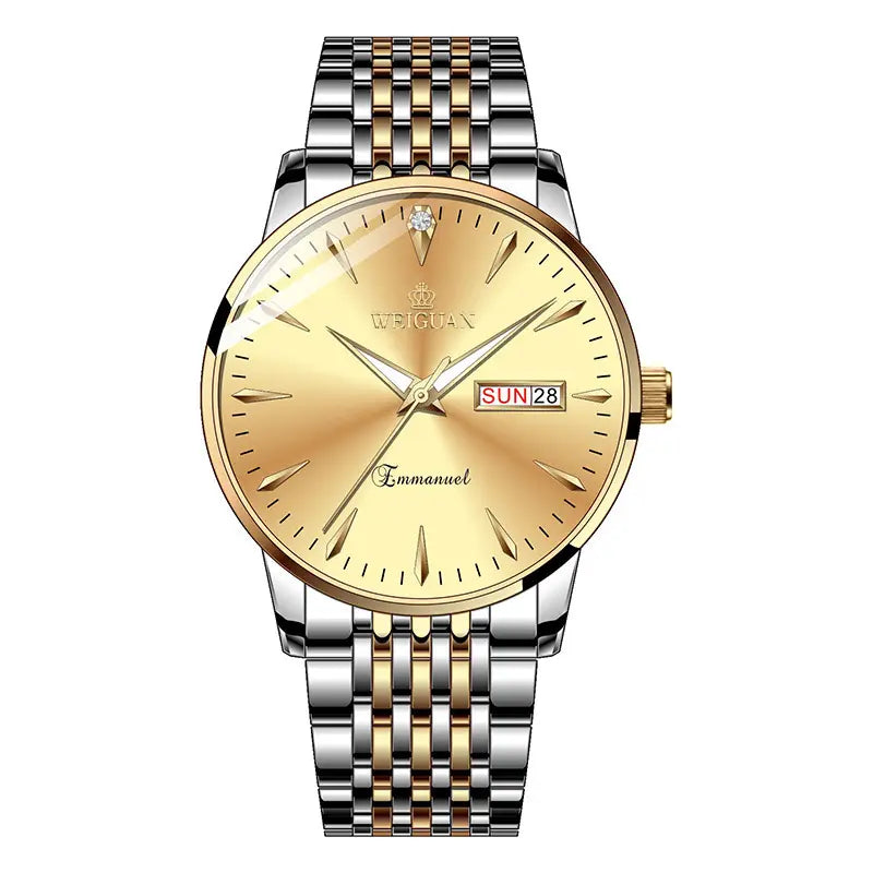 Full automatic fashion mens double calendar luminous waterproof watch steel business non mechanical quartz watch mens hair