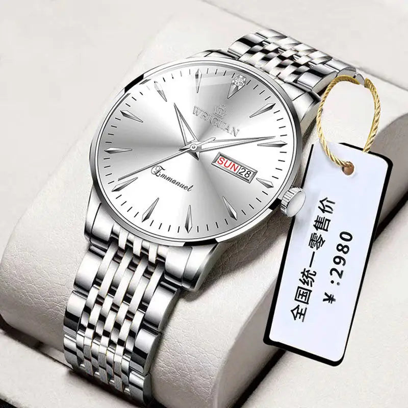 Full automatic fashion mens double calendar luminous waterproof watch steel business non mechanical quartz watch mens hair