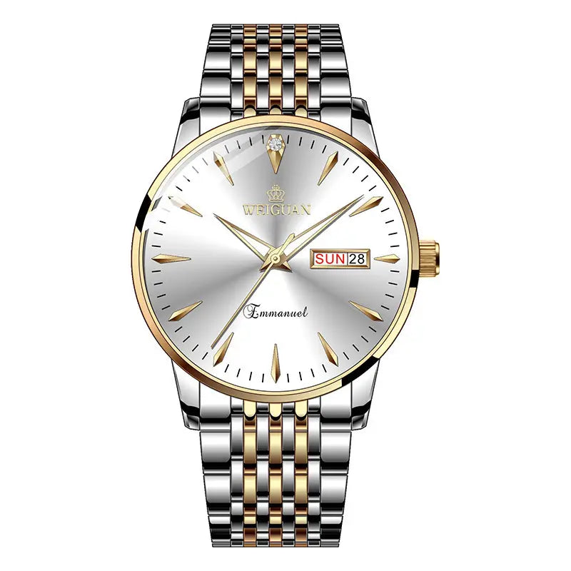 Full automatic fashion mens double calendar luminous waterproof watch steel business non mechanical quartz watch mens hair