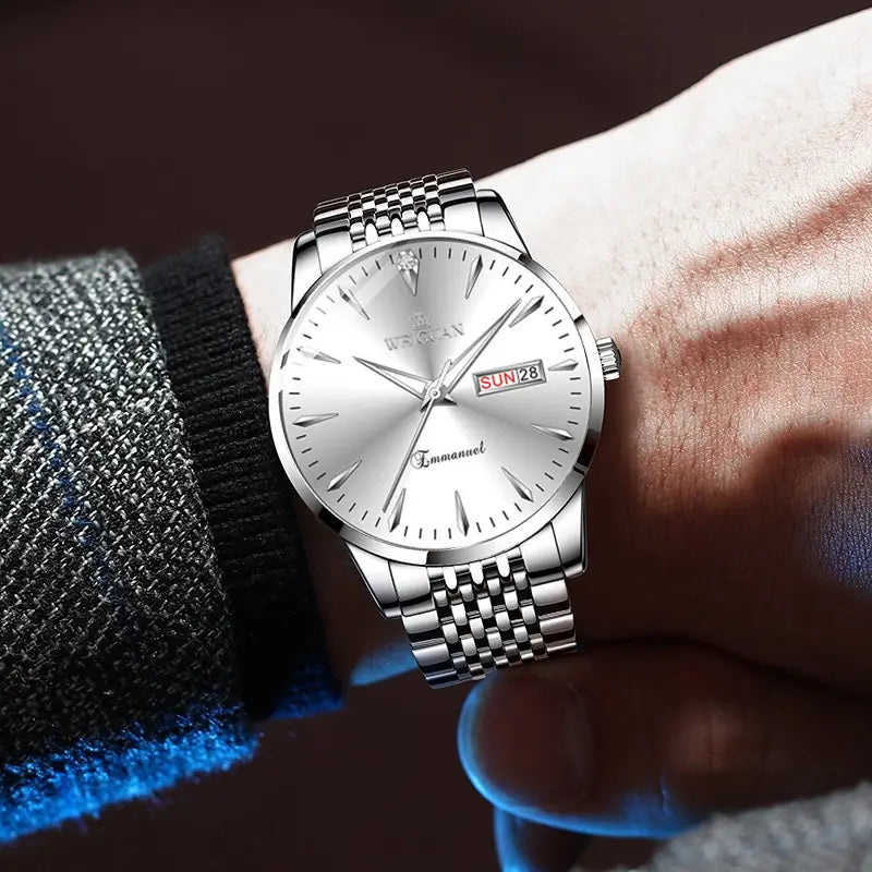 Full automatic fashion mens double calendar luminous waterproof watch steel business non mechanical quartz watch mens hair