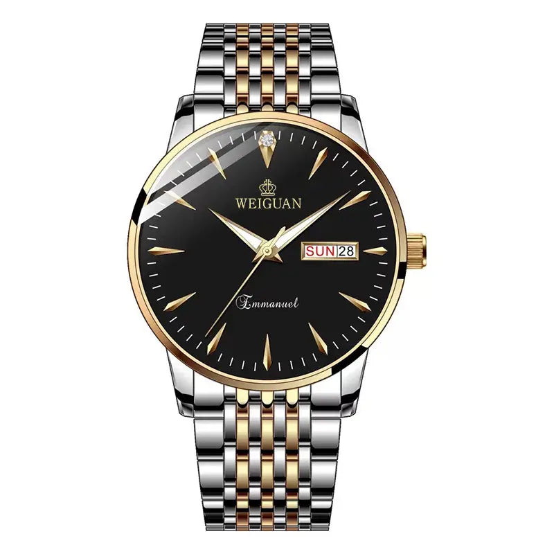 Full automatic fashion mens double calendar luminous waterproof watch steel business non mechanical quartz watch mens hair
