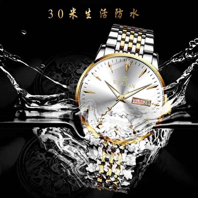 Full automatic fashion mens double calendar luminous waterproof watch steel business non mechanical quartz watch mens hair